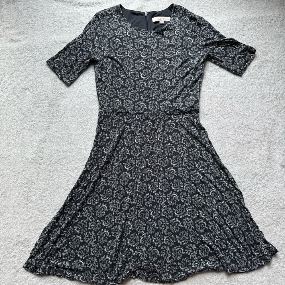 LOFT Black and Gray Paisley Dress